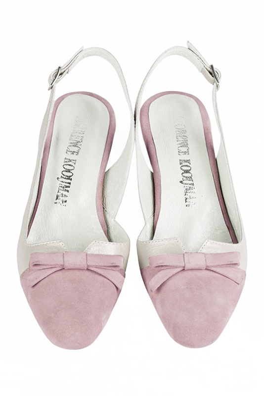 Light pink and pure white women's open back shoes, with a knot. Round toe. Low comma heels. Top view - Florence KOOIJMAN